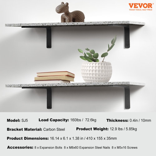 VEVOR 16 x 6 in Shelf Bracket, 4 Pcs Heavy Floating Shelf Brackets, Brackets for Shelves, 10mm Thick Matte Black L Shelf Bracket,Steel Shelving