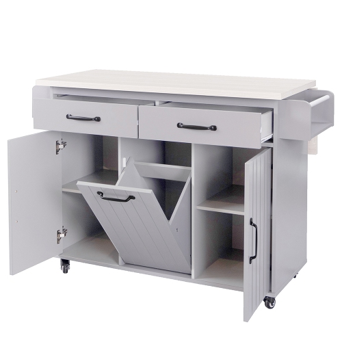 Kepooman Kitchen Island with Till Out Trash Cabinet, Rolling Kitchen island with Storage Drop Leaf - Grey