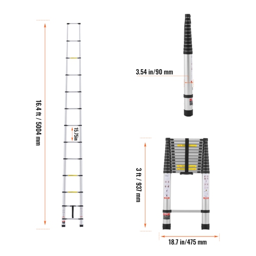 VEVOR – Échelle d'extension légère en aluminium de 16,4PI, échelle escamotable à boutons multiples, capacité de 375 LB avec pieds antidérapants,