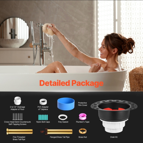 VEVOR 2 Tail Pipes PVC Freestanding Tub Drain Kit, Bathtub Drain Rough-in Kit, with PVC Adapter of Tailpiece, Compatible with Bathtubs, Floor Mounted