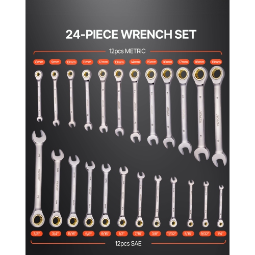 VEVOR 24-Piece Ratcheting Wrench Set with Organizer Rack, Cr-V Steel Wrench Set SAE 1/4" to 7/8", Metric 8 mm to 19 mm, Ideal for General Household,