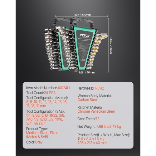 VEVOR 24-Piece Ratcheting Wrench Set with Organizer Rack, Cr-V Steel Wrench Set SAE 1/4" to 7/8", Metric 8 mm to 19 mm, Ideal for General Household,