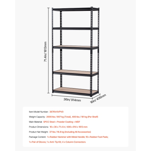VEVOR 2000 lbs Storage Shelves, 5 Tier, 16" D x 36" W x 71.4" H Adjustable Metal Shelves for Garage Shelves Utility Rack Shelf, Ideal for Kitchen,