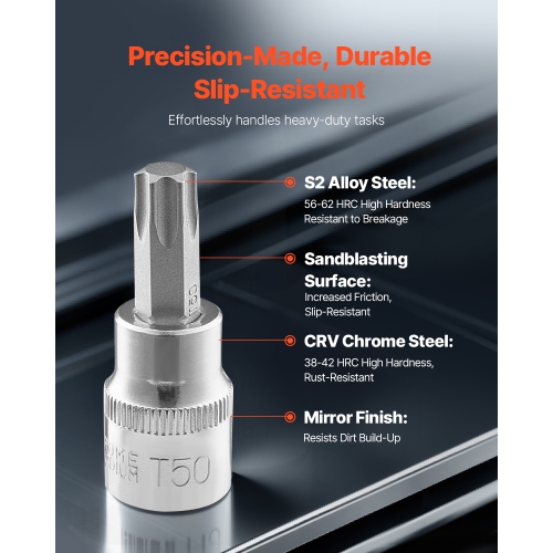 VEVOR 107-Piece SAE Bit Socket Set, Metric, Hex/Torx/External Torx/Tamper-Proof/Extra Long, S2 Alloy Steel and Cr-V Steel, 1/4 in, 3/8 in, and 1/2 in