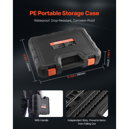 VEVOR 107-Piece SAE Bit Socket Set, Metric, Hex/Torx/External Torx/Tamper-Proof/Extra Long, S2 Alloy Steel and Cr-V Steel, 1/4 in, 3/8 in, and 1/2 in