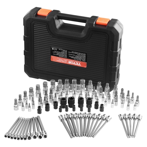 VEVOR 107-Piece SAE Bit Socket Set, Metric, Hex/Torx/External Torx/Tamper-Proof/Extra Long, S2 Alloy Steel and Cr-V Steel, 1/4 in, 3/8 in, and 1/2 in