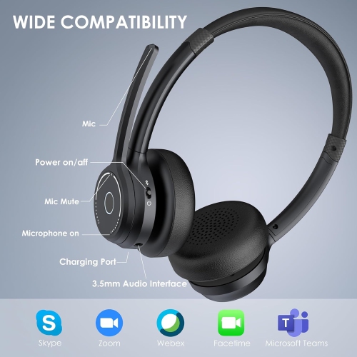 Oreillette Bluetooth avec microphone ENC de Gixxted – Casque d'écoute sans fil avec clé USB, micro de mise en sourdine pour PC, Skype, Zoom, Teams et