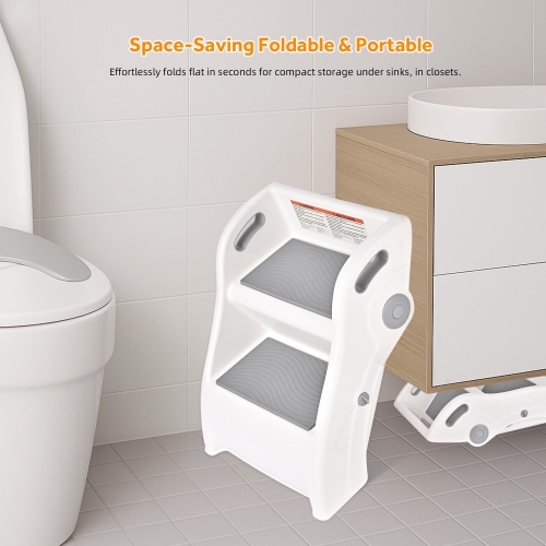 Folding Toddler Step Stool with Grip Handle, Anti-Slip Two Step Stool Kids Training Ladder for Potty and Bathroom Sink