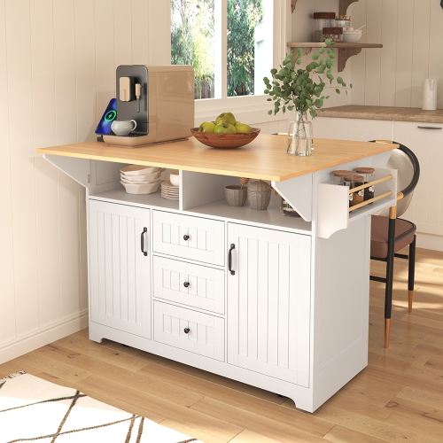 Kepooman 55.7'' Kitchen Island with 2 Drop Leaf for 4-6 Seating, Rolling Kitchen Cart on 5 Wheels with Power Outlet - White