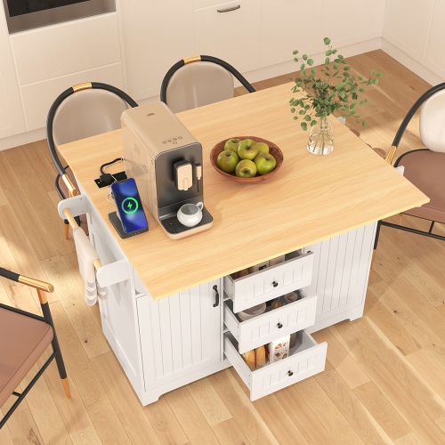Kepooman 55.7'' Kitchen Island with 2 Drop Leaf for 4-6 Seating, Rolling Kitchen Cart on 5 Wheels with Power Outlet - White