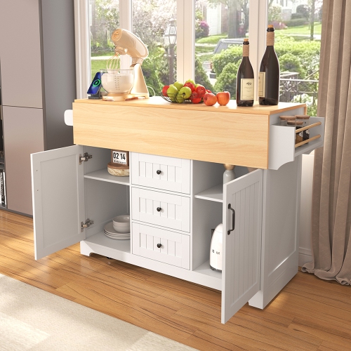 Kepooman 55.7'' Kitchen Island with 2 Drop Leaf for 4-6 Seating, Rolling Kitchen Cart on 5 Wheels with Power Outlet - White