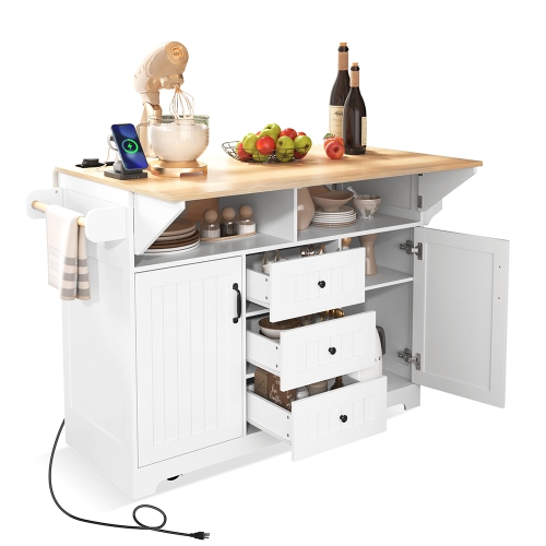 Kepooman 55.7'' Kitchen Island with 2 Drop Leaf for 4-6 Seating, Rolling Kitchen Cart on 5 Wheels with Power Outlet - White