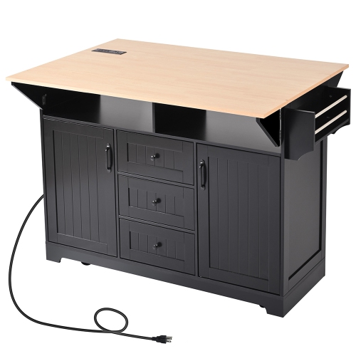 Kepooman 55.7'' Kitchen Island with 2 Drop Leaf for 4-6 Seating, Rolling Kitchen Cart on 5 Wheels with Power Outlet - Black