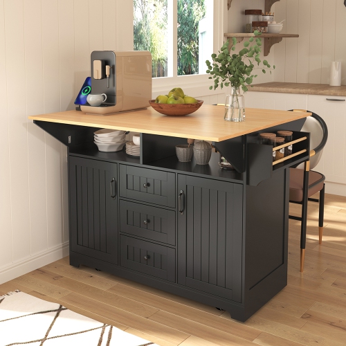 Kepooman 55.7'' Kitchen Island with 2 Drop Leaf for 4-6 Seating, Rolling Kitchen Cart on 5 Wheels with Power Outlet - Black