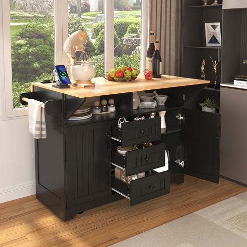 Kepooman 55.7'' Kitchen Island with 2 Drop Leaf for 4-6 Seating, Rolling Kitchen Cart on 5 Wheels with Power Outlet - Black