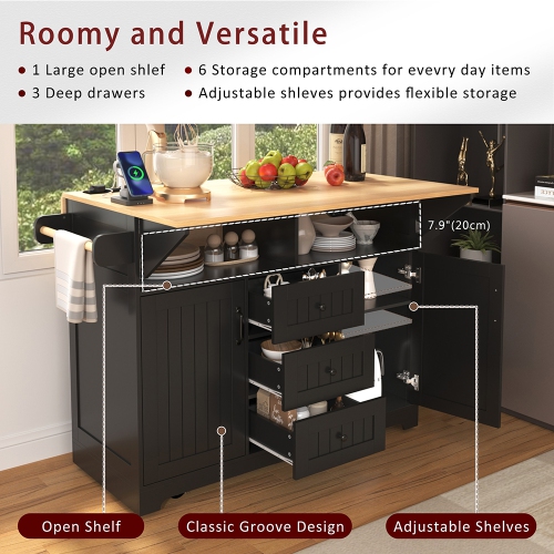 Kepooman 55.7'' Kitchen Island with 2 Drop Leaf for 4-6 Seating, Rolling Kitchen Cart on 5 Wheels with Power Outlet - Black