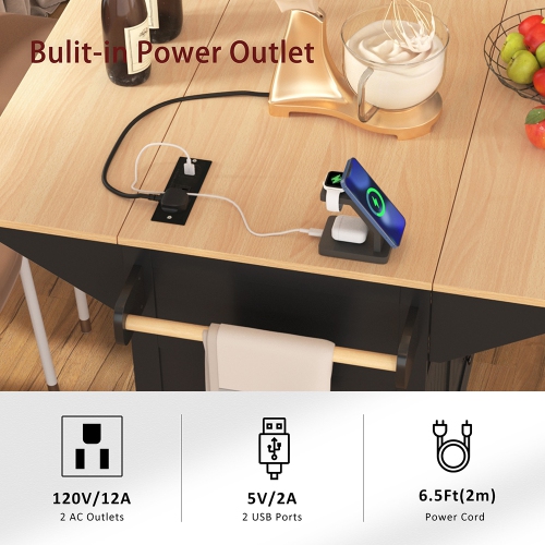 Kepooman 55.7'' Kitchen Island with 2 Drop Leaf for 4-6 Seating, Rolling Kitchen Cart on 5 Wheels with Power Outlet - Black