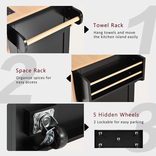 Kepooman 55.7'' Kitchen Island with 2 Drop Leaf for 4-6 Seating, Rolling Kitchen Cart on 5 Wheels with Power Outlet - Black