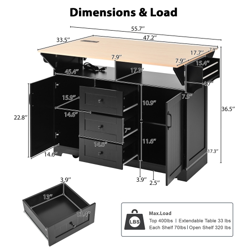 Kepooman 55.7'' Kitchen Island with 2 Drop Leaf for 4-6 Seating, Rolling Kitchen Cart on 5 Wheels with Power Outlet - Black