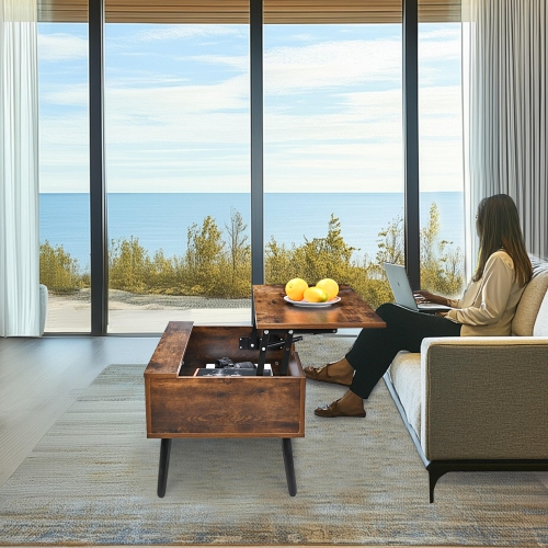 Table basse en bois à dessus relevable avec compartiment de rangement dissimulé, table de service à thé 31,5 po pour salle de séjour, salle de