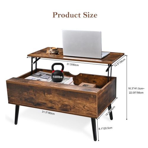 Table basse en bois à dessus relevable avec compartiment de rangement dissimulé, table de service à thé 31,5 po pour salle de séjour, salle de