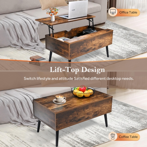 Table basse en bois à dessus relevable avec compartiment de rangement dissimulé, table de service à thé 31,5 po pour salle de séjour, salle de