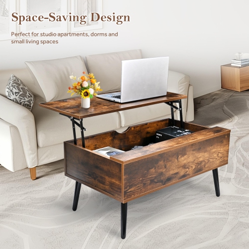 Table basse en bois à dessus relevable avec compartiment de rangement dissimulé, table de service à thé 31,5 po pour salle de séjour, salle de