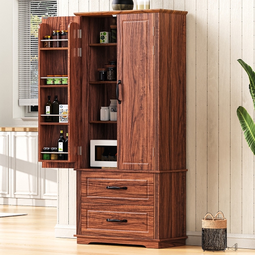 Kepooman 71" Farmhouse Kitchen Pantry Cabinet with 2 Large Drawers,Embossed Texture Freestanding Cupboard Cabinet with 8 Door Shelves and 3 Cabinet