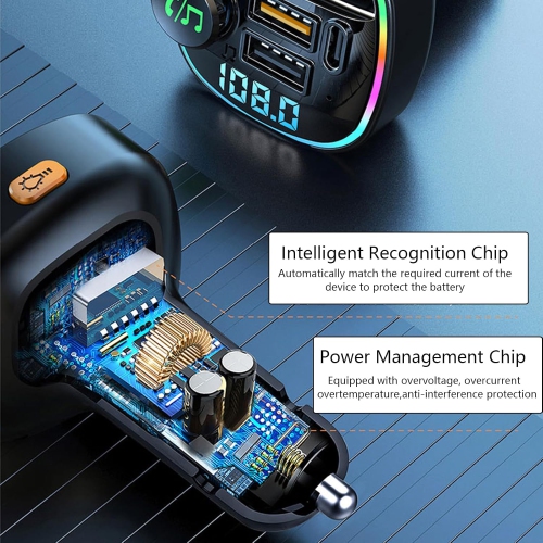 Récepteur Bluetooth pour l'auto, lecteur MP3, allume-cigare à détection de tension à double affichage, chargeur super PD à chargement rapide,