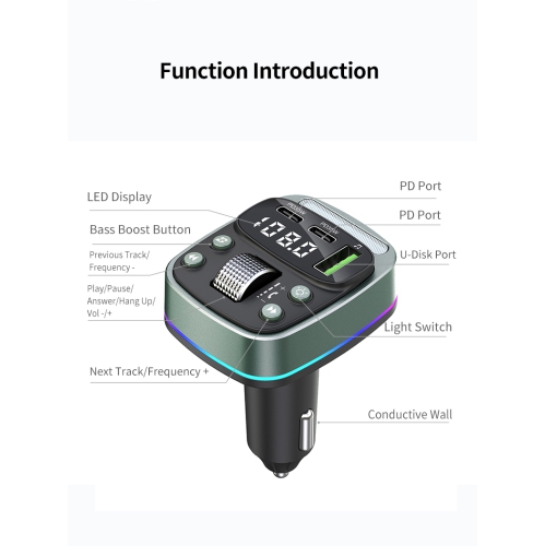 Car MP3 Bluetooth, one-touch dial button, heavy bass sound effect, colorful running horse atmosphere light, dual PD 35W fast charging, lossless music