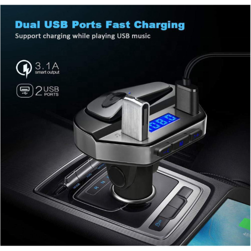 Oreillette Bluetooth lecteur mp3, chargeur USB pour l'auto Émetteur audio FM intelligent à recharge rapide, recharge rapide, avec commande de