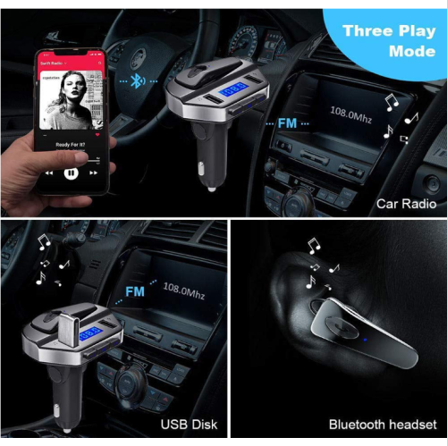 Oreillette Bluetooth lecteur mp3, chargeur USB pour l'auto Émetteur audio FM intelligent à recharge rapide, recharge rapide, avec commande de