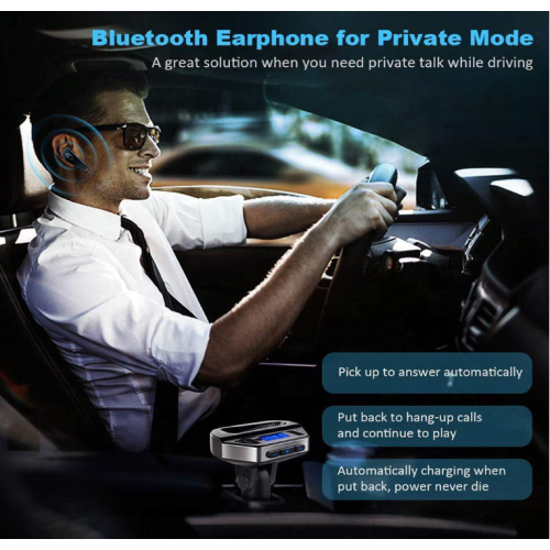 Oreillette Bluetooth lecteur mp3, chargeur USB pour l'auto Émetteur audio FM intelligent à recharge rapide, recharge rapide, avec commande de