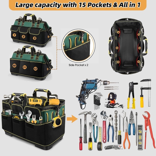 Multifunctional woodworking tool bag, diagonal Oxford cloth tool bag, repair storage bag, waterproof electrician tool bag - military green 20 inches