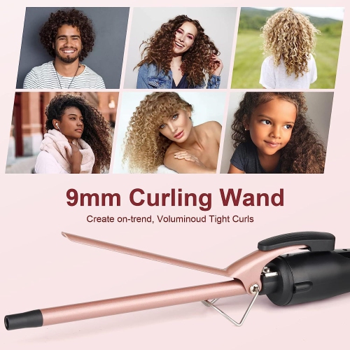 Small Curling Iron Wand for Short & Long Hair,9mm Skinny Curling Iron Ceramic Barrel Curling Iron,Tiny Curling Wand with Adjustable Temperature