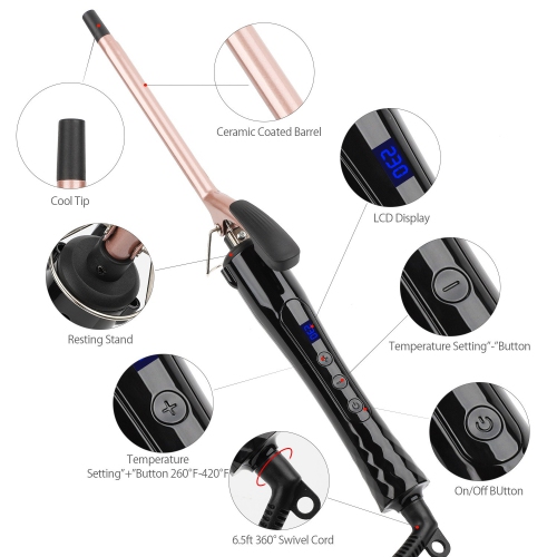 Small Curling Iron Wand for Short & Long Hair,9mm Skinny Curling Iron Ceramic Barrel Curling Iron,Tiny Curling Wand with Adjustable Temperature