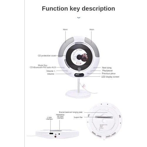 Portable CD Player, Rechargeable CD Player with Built-in Speaker, Bluetooth and FM Radio, Wall Mount CD Player with Remote Control