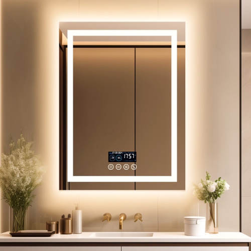 LUVODI 24"x32" LED Bathroom Mirror with Lights, Built-in Bluetooth Speaker, Anti-Fog Dimmable 3 Lights Setting Backlit + Front Lit, Lighted Vanity