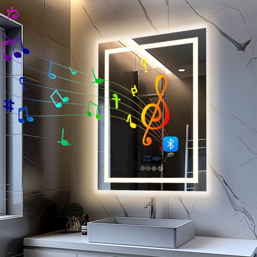 LUVODI 24"x32" LED Bathroom Mirror with Lights, Built-in Bluetooth Speaker, Anti-Fog Dimmable 3 Lights Setting Backlit + Front Lit, Lighted Vanity