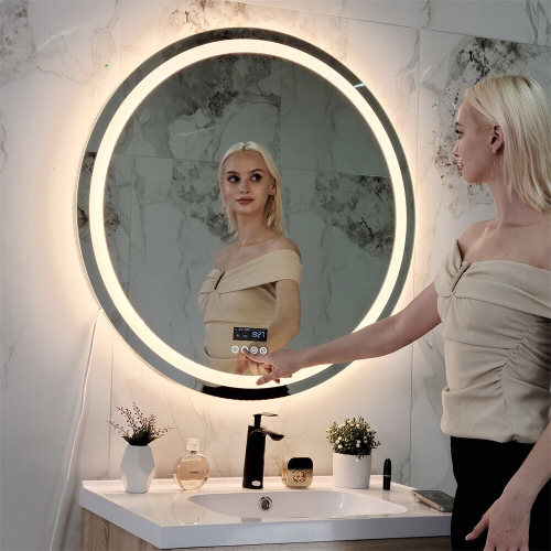 LUVODI 32" Round LED Bathroom Mirror with Lights, Wall Mounted Vanity Mirror with 3 Colors Dimmable Light, Bluetooth Speaker, Anti-Fog, Memory