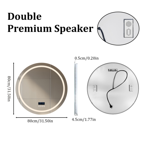 LUVODI 32" Round LED Bathroom Mirror with Lights, Wall Mounted Vanity Mirror with 3 Colors Dimmable Light, Bluetooth Speaker, Anti-Fog, Memory