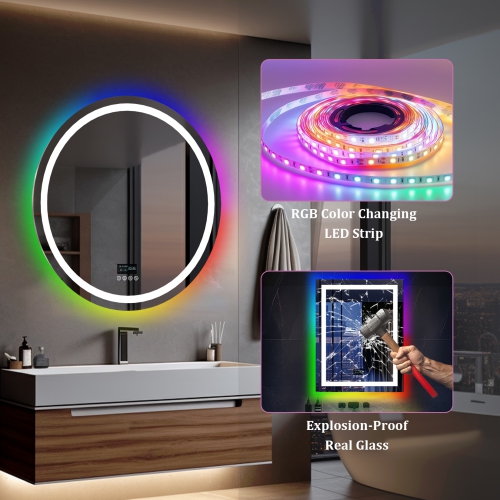 LUVODI 32"x32“ LED Bathroom Mirror with Lights, Bluetooth Speaker, Anti-Fog, Dimmable, RGB Backlit + Front Lighted Bathroom Vanity Mirror for Wall,