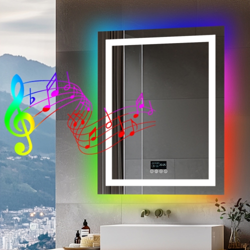 LUVODI 28"x36" LED Bathroom Mirror with Lights, Bluetooth Speaker, Anti-Fog, Dimmable, RGB Backlit + Front Lighted Bathroom Vanity Mirror for Wall,