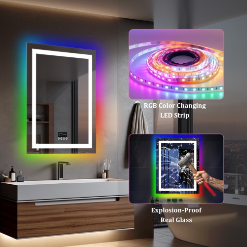 LUVODI 28"x36" LED Bathroom Mirror with Lights, Bluetooth Speaker, Anti-Fog, Dimmable, RGB Backlit + Front Lighted Bathroom Vanity Mirror for Wall,