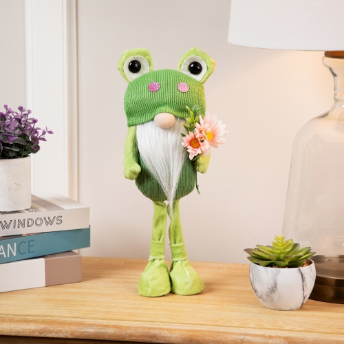 NORTHLIGHT  Standing Gnome With Glittered Frog Hat Spring Decoration - 14.5"