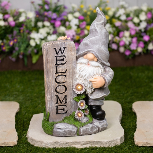 LED Solar Lighted Gnome Welcome Outdoor Garden Statue - 15.5"
