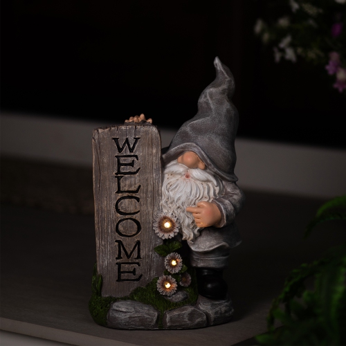 LED Solar Lighted Gnome Welcome Outdoor Garden Statue - 15.5"