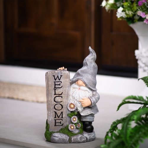 LED Solar Lighted Gnome Welcome Outdoor Garden Statue - 15.5"