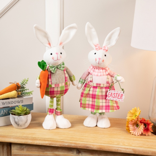 Bunny Rabbit Figurines with Easter Sign Spring Decorations - 19" - Pink and Green - Set of 2