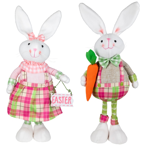 Bunny Rabbit Figurines with Easter Sign Spring Decorations - 19" - Pink and Green - Set of 2